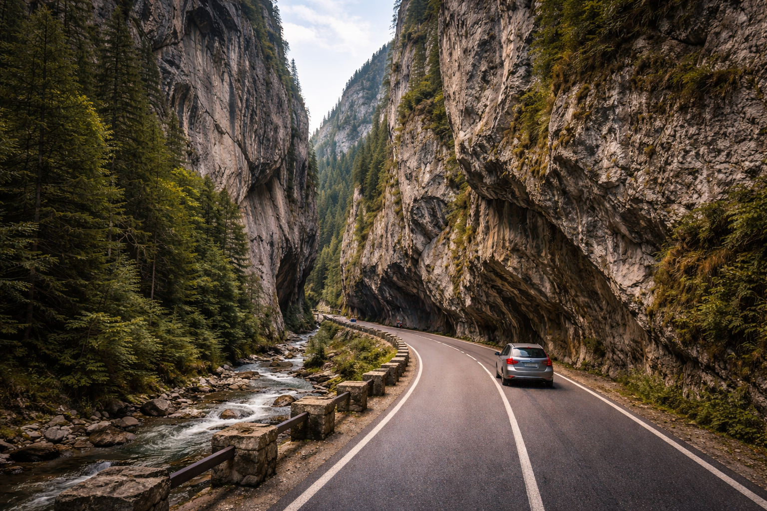 The cliffs of Bicaz Gorge and the mountain road between them.