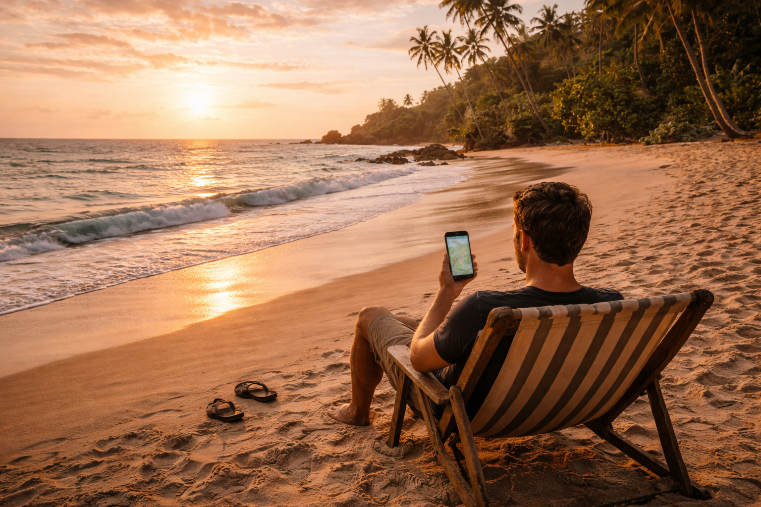 Spiaggia di Capo Verga in Guinea: viaggiatori usano uno smartphone con eSIM