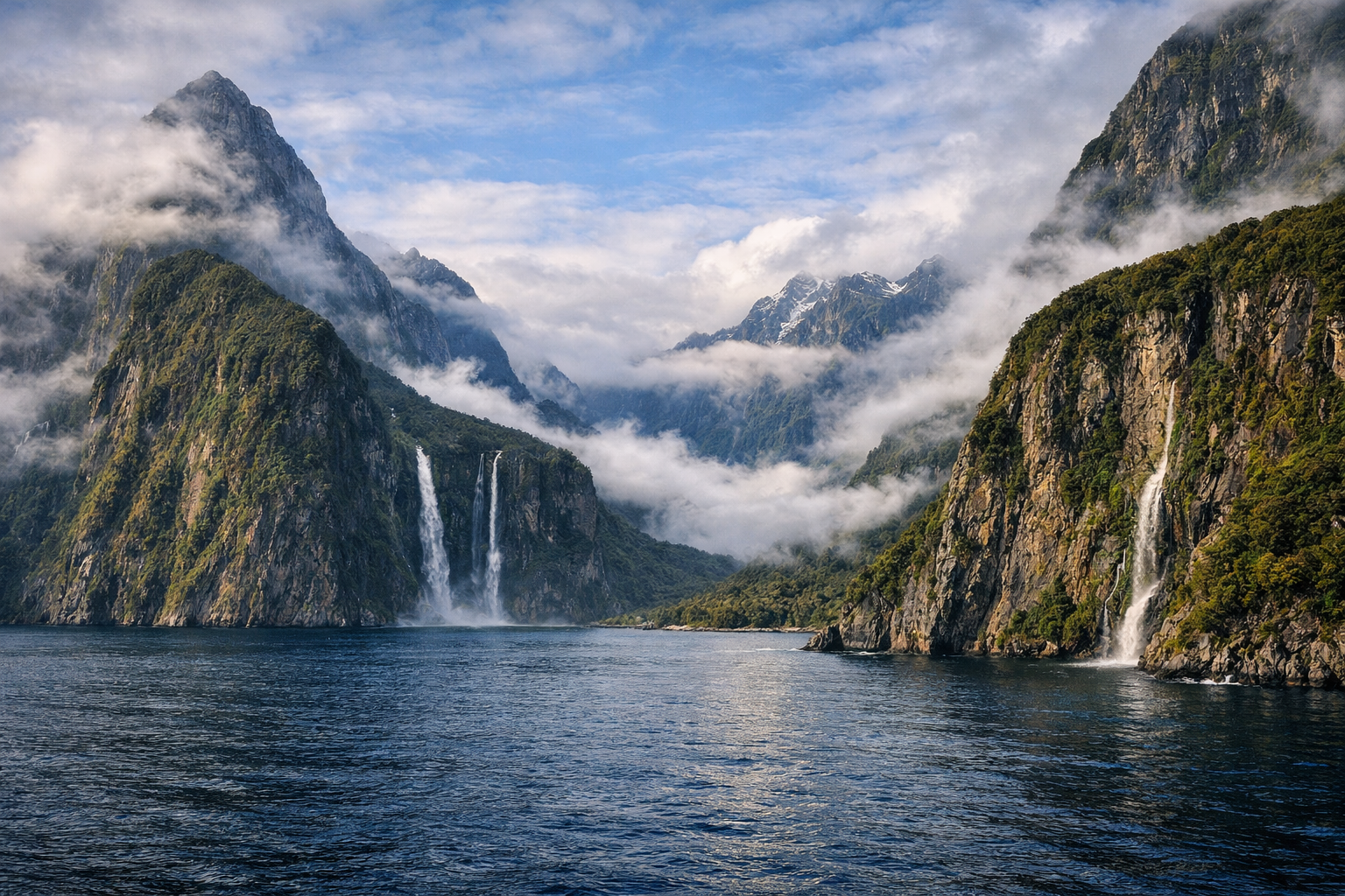 Milforda-Sauda fjords ar ūdenskritumiem un miglā tītajiem kalniem