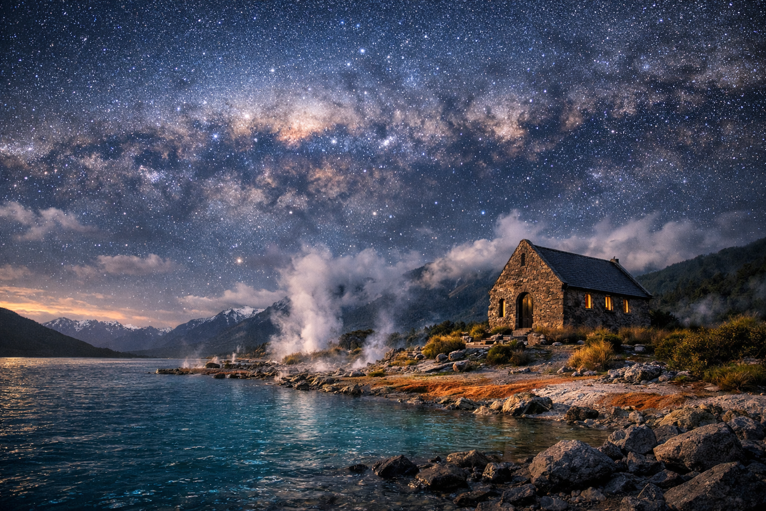 Tekapo ezers ar tirkīzzilu ūdeni un zvaigžņotām debesīm