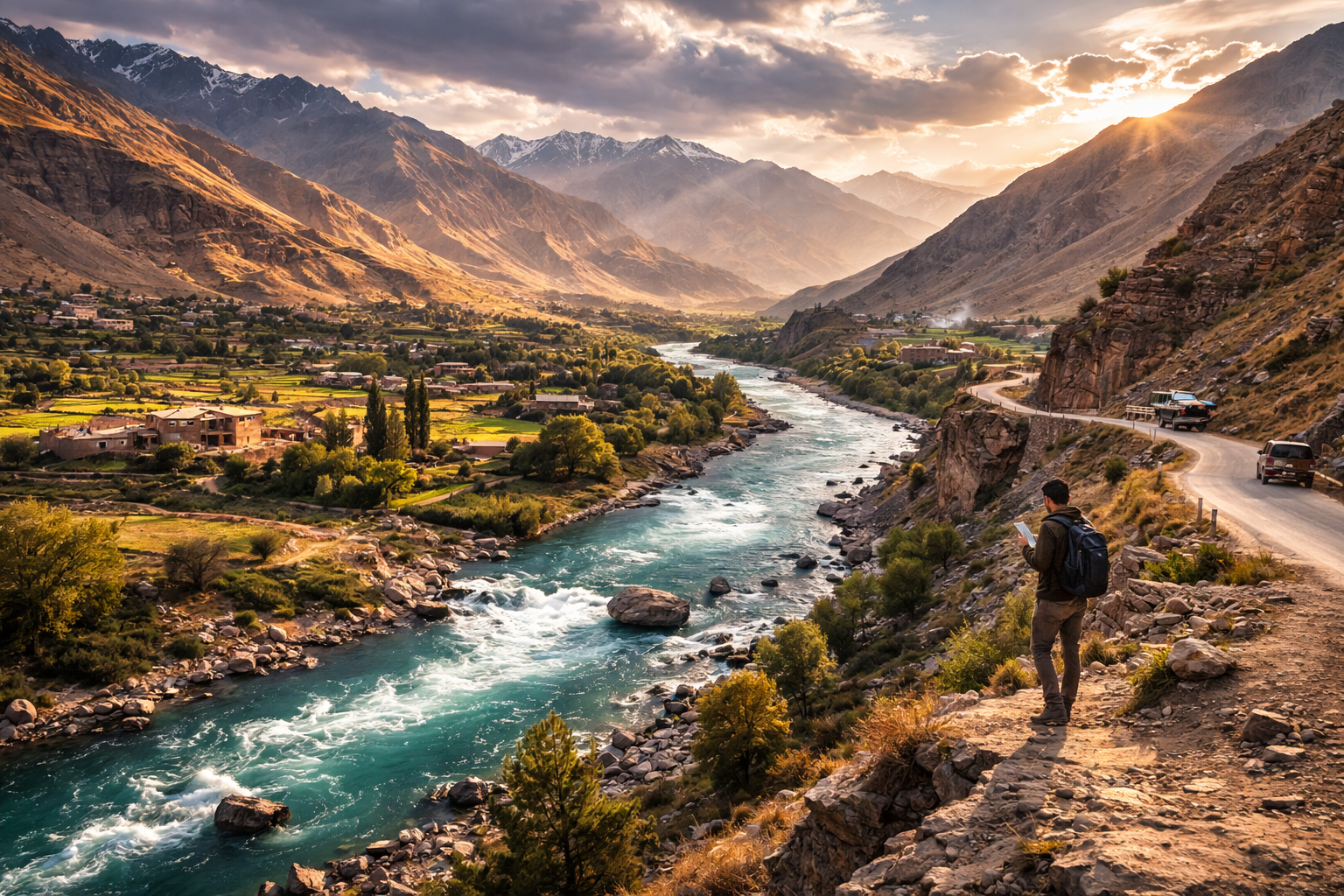 Panjshir Gorge and a tourist checking the map via eSIM
