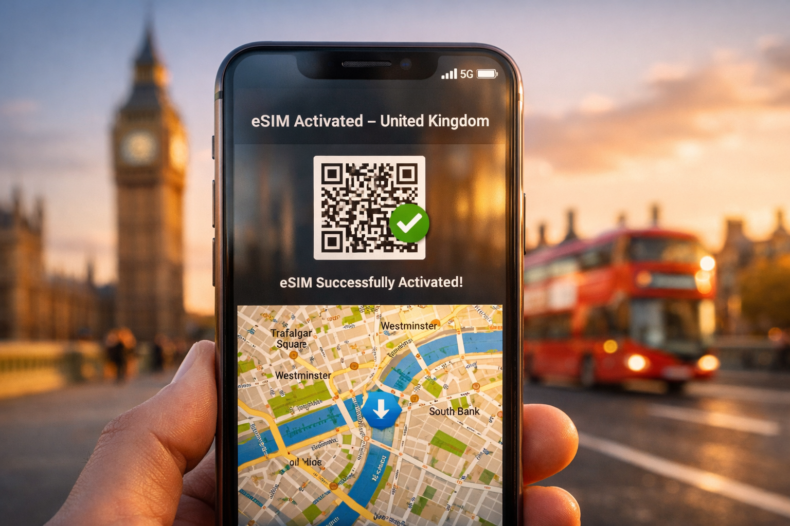 A smartphone with an active UK eSIM with Big Ben and Westminster Bridge in the background