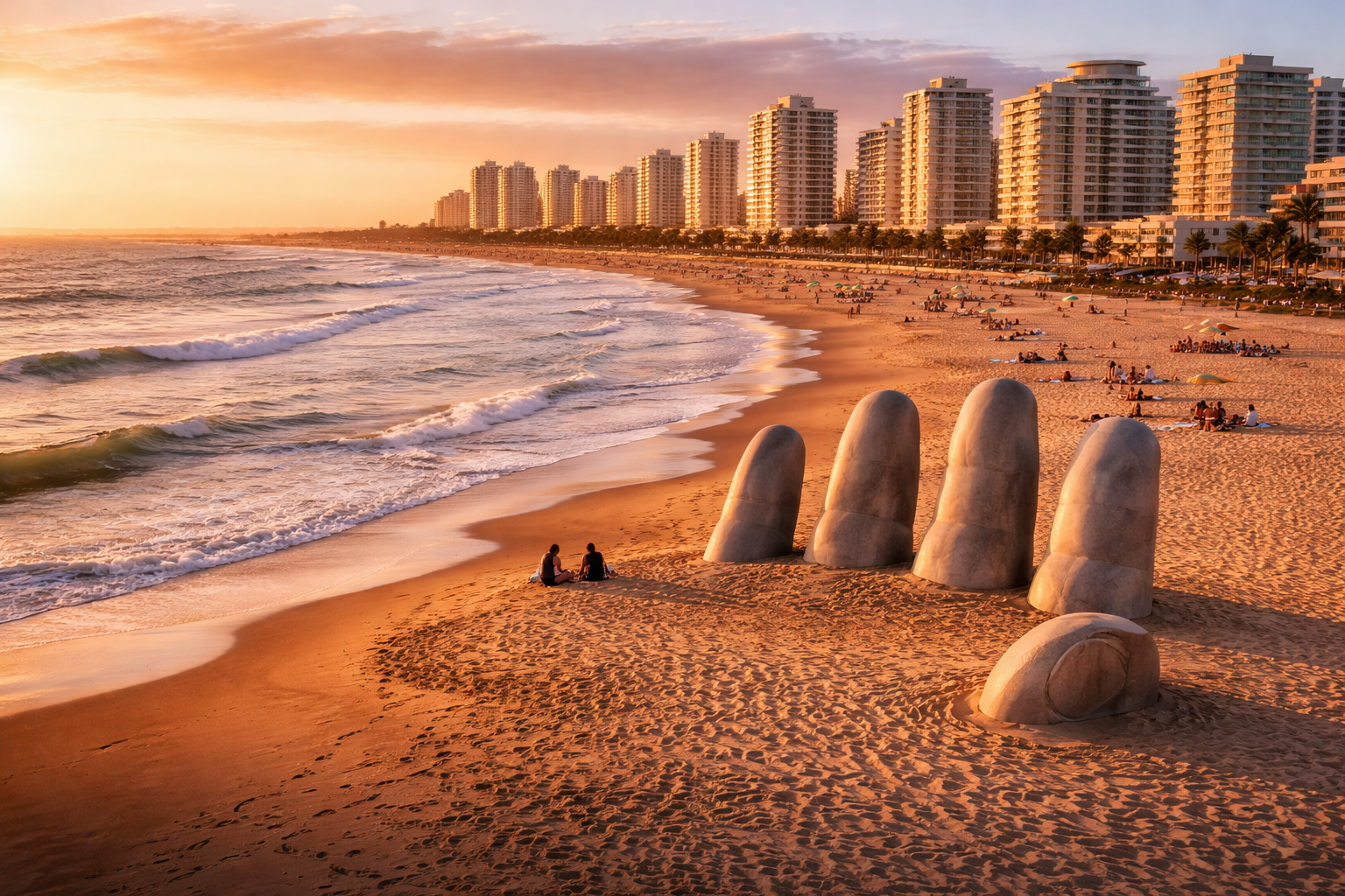 プンタ・デル・エステのビーチ、大西洋、手の彫刻、砂浜、モダンなリゾートと美しい海岸の景色