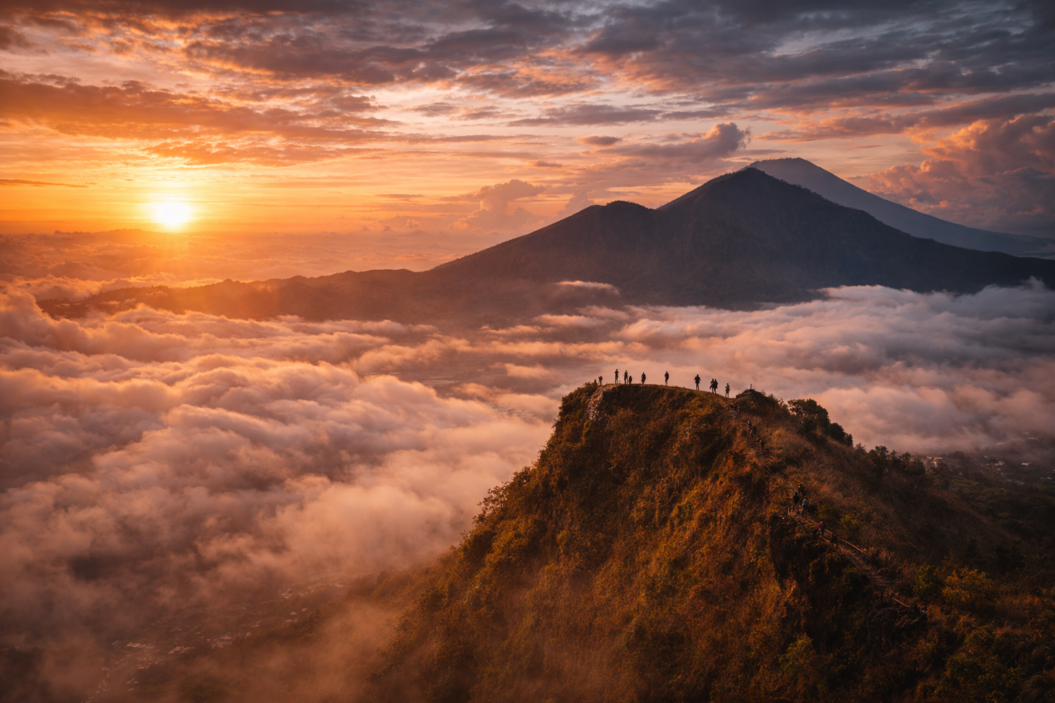 Sunrise on Mount Batur with silhouettes of travelers