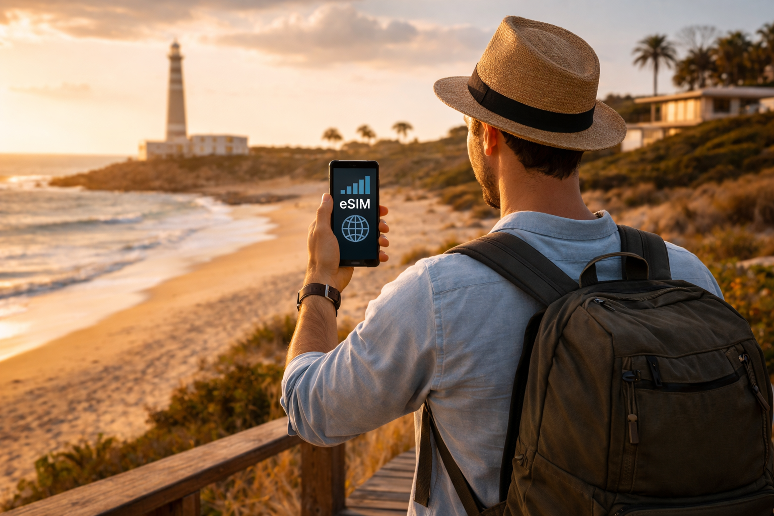 ホセ・イグナシオの海、灯台、ウルグアイのリゾート、海岸を背景にeSIMを使う旅行者