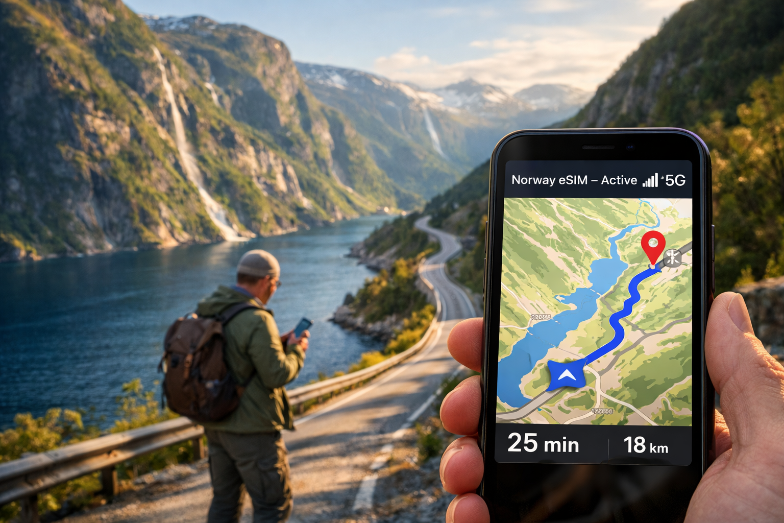 Navigation around Norway’s fjords on a smartphone with an active eSIM and a route map
