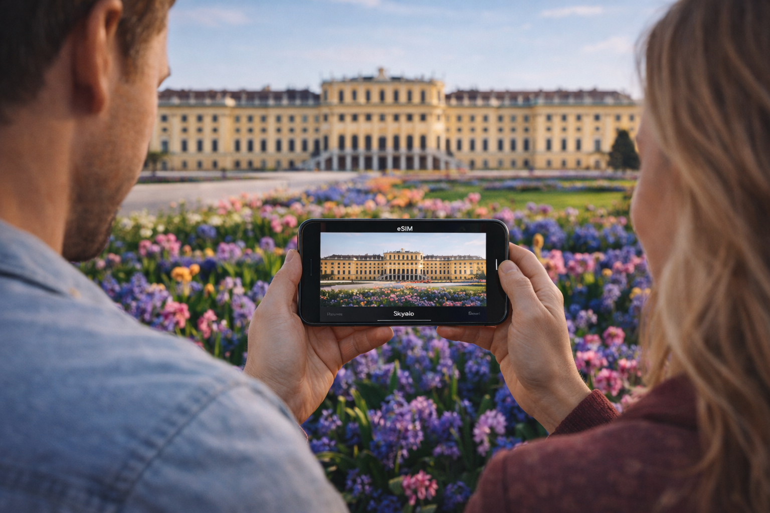 Photographing Schönbrunn Palace on a smartphone with an eSIM for traveling in Austria