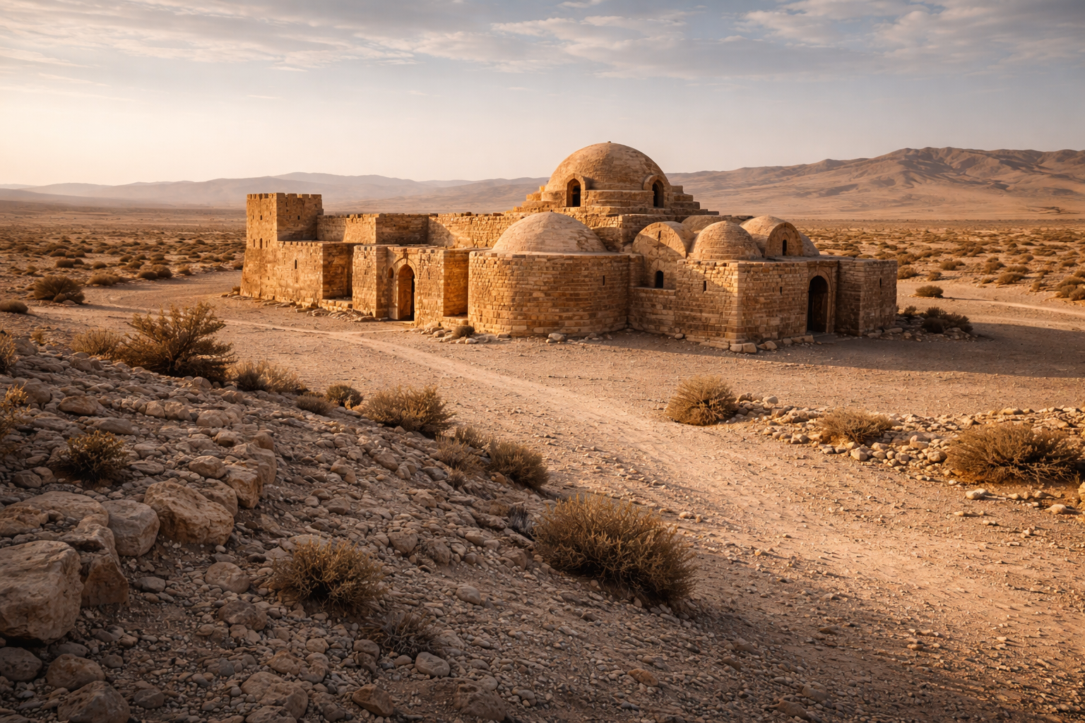 טירת מדבר בירדן בין מישורים יבשים, נוף חולי וארכיטקטורת אבן עתיקה