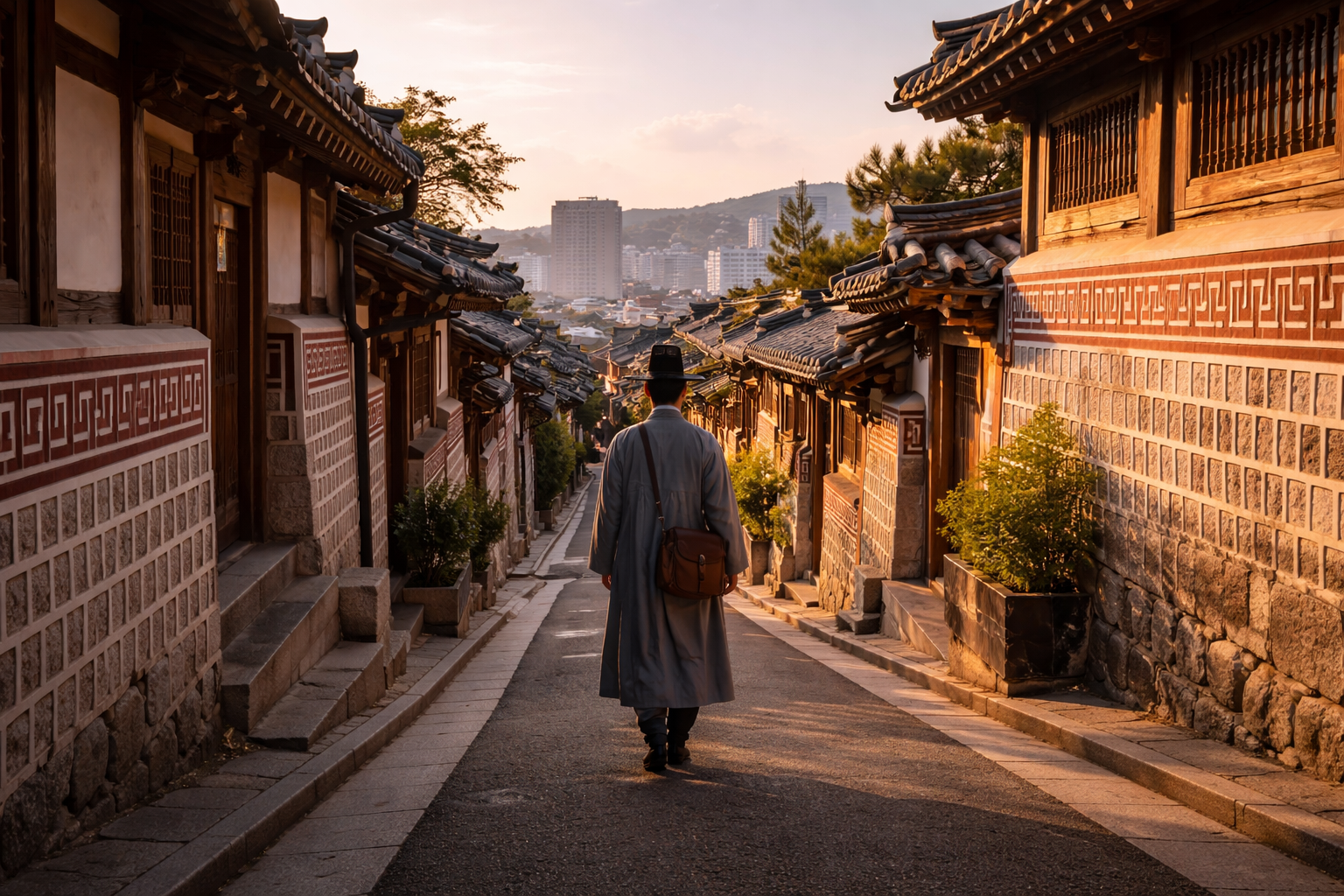 Podróżnik w Bukchon wśród tradycyjnych domów