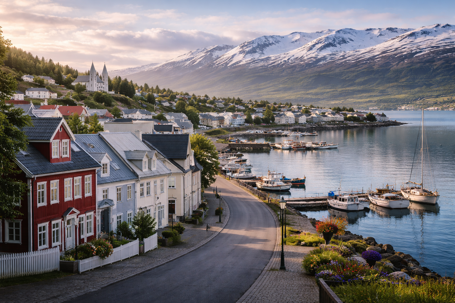 Akureiri Islandē ar mājīgu ziemeļu apbūvi, fjordu, kalniem un mierīgu pilsētas atmosfēru
