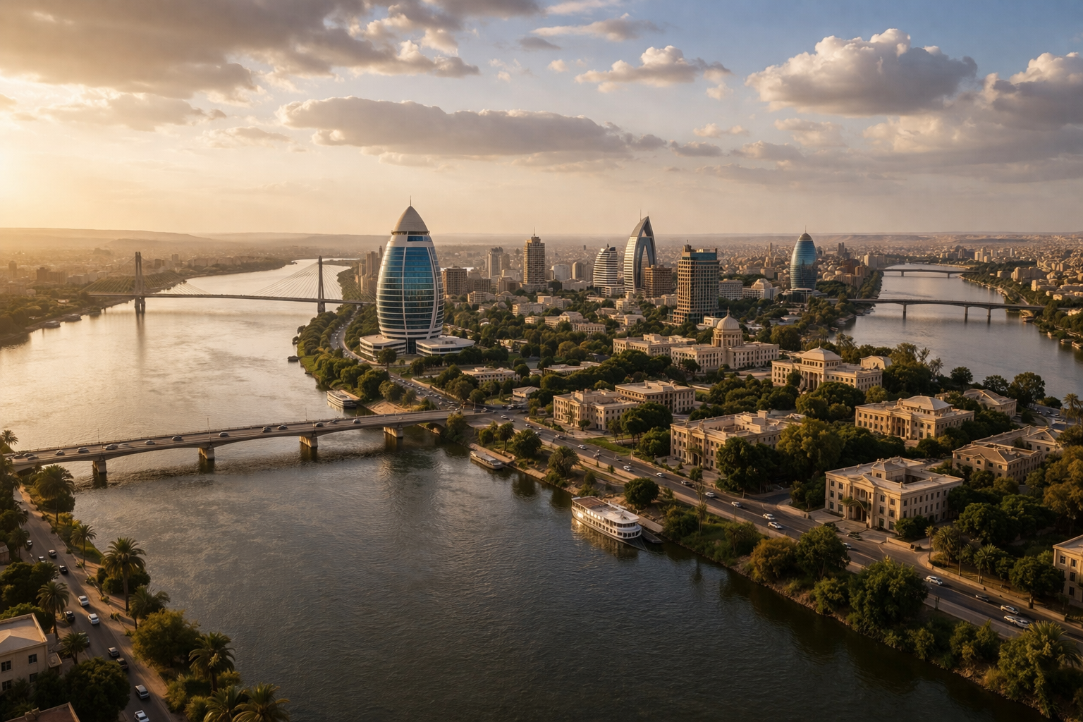 תצפית פנורמית על ח'רטום בסודן עם קו נהר רחב, גשרים, בנייה עירונית ואור ערב חמים.