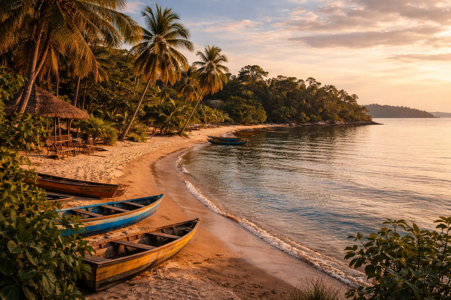 Kepulauan Ssese di Uganda dengan pokok palma, garis pantai, air Tasik Victoria yang tenang dan suasana tropika santai