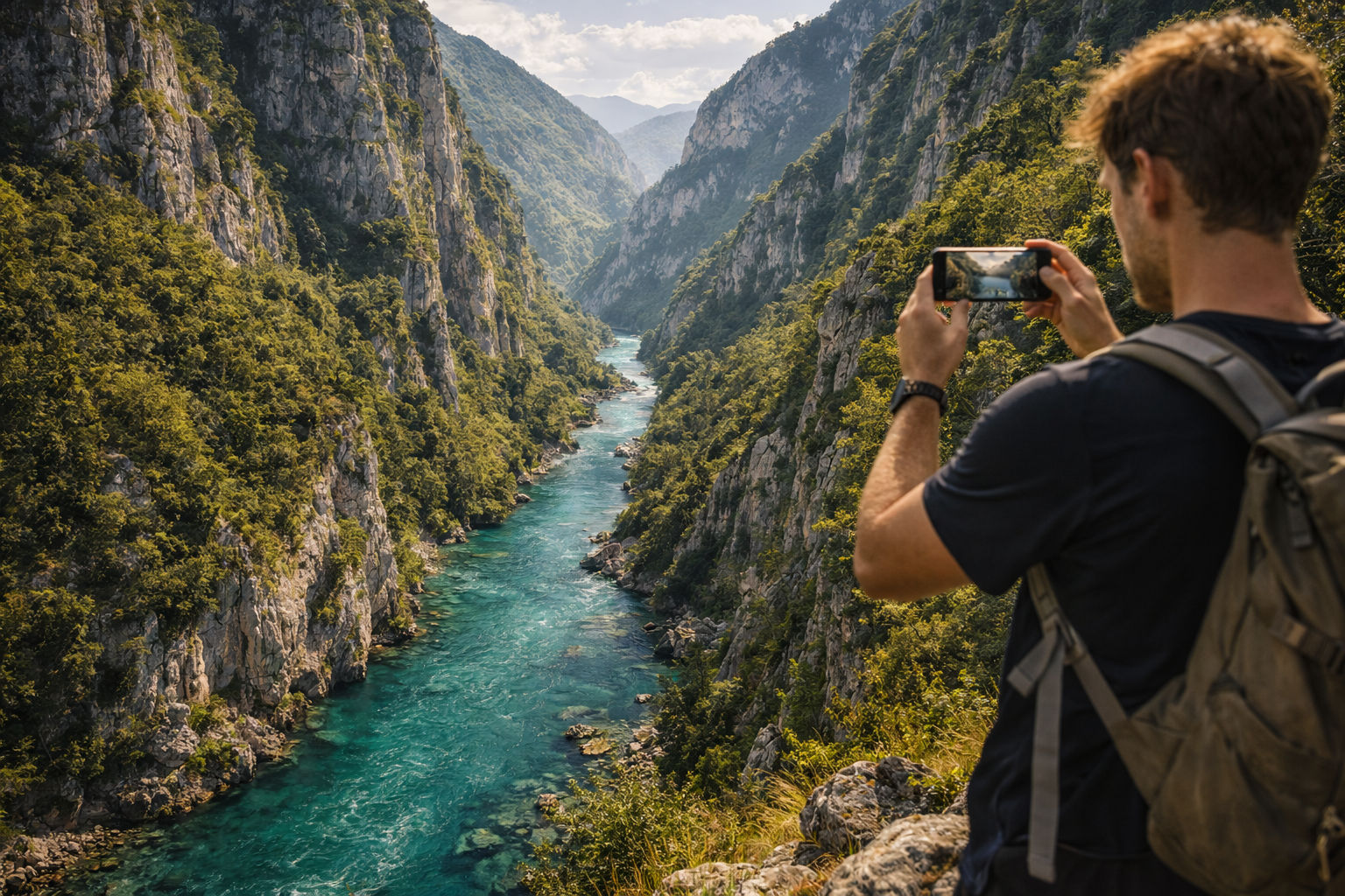 Tara River Canyon and a tourist with a smartphone