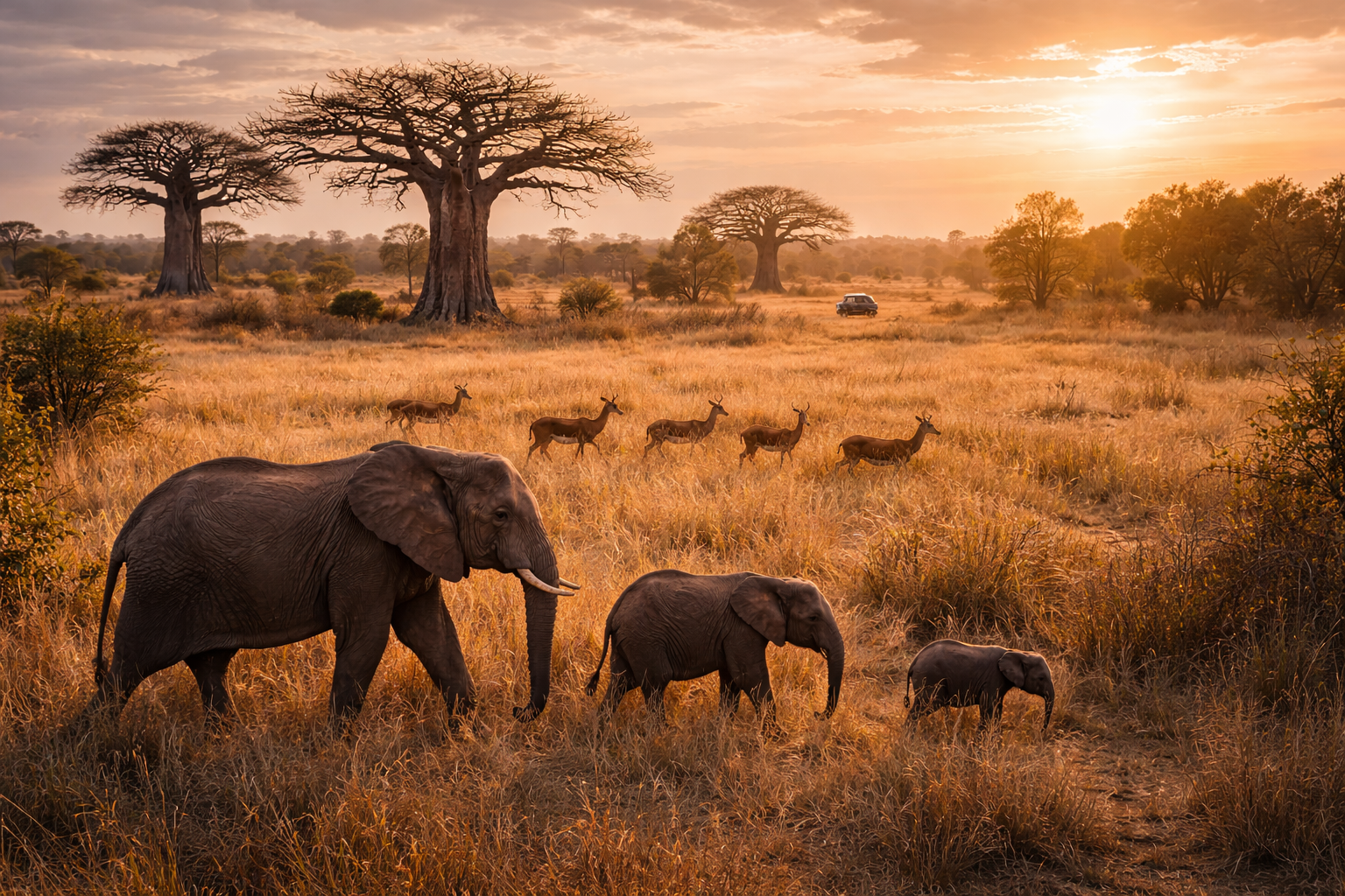 Savanna landscapes of Niokolo-Koba National Park with wild animals.