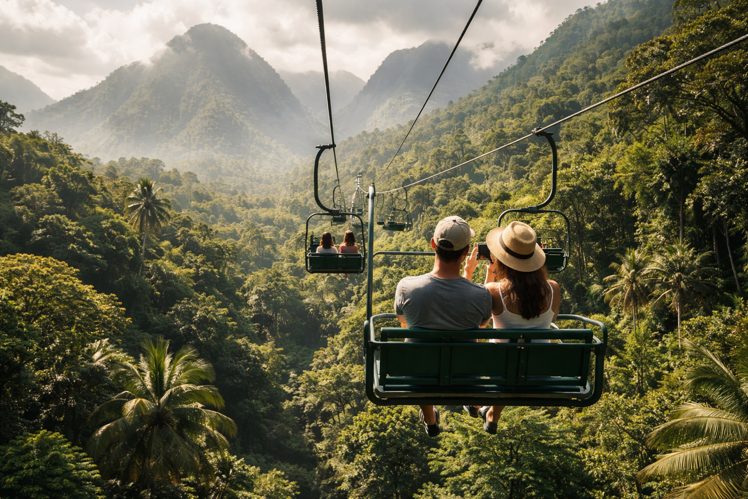 Cable car over Mystic Mountain’s tropical forest, tourists mid-frame holding phones
