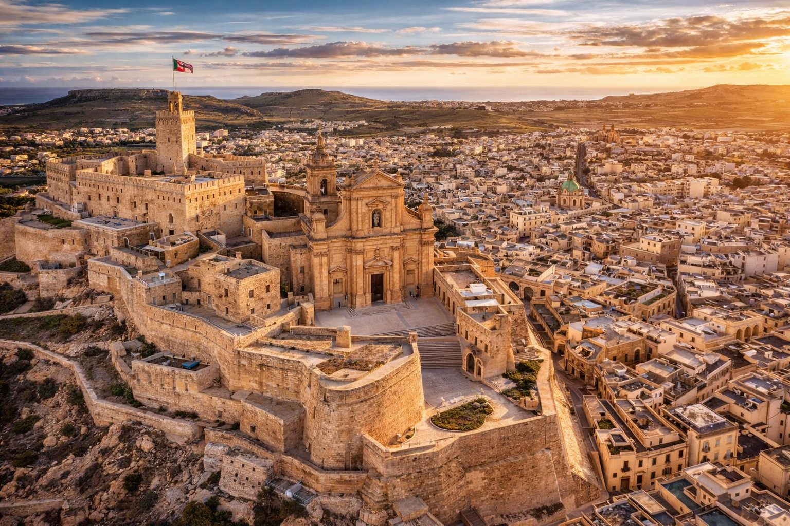 Bandar Victoria di pulau Gozo dari pandangan atas