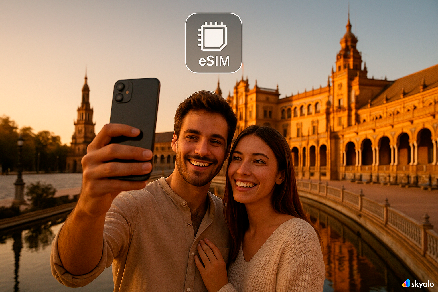 Plaza de España in Seville, video call on Skyalo eSIM, high-quality connection