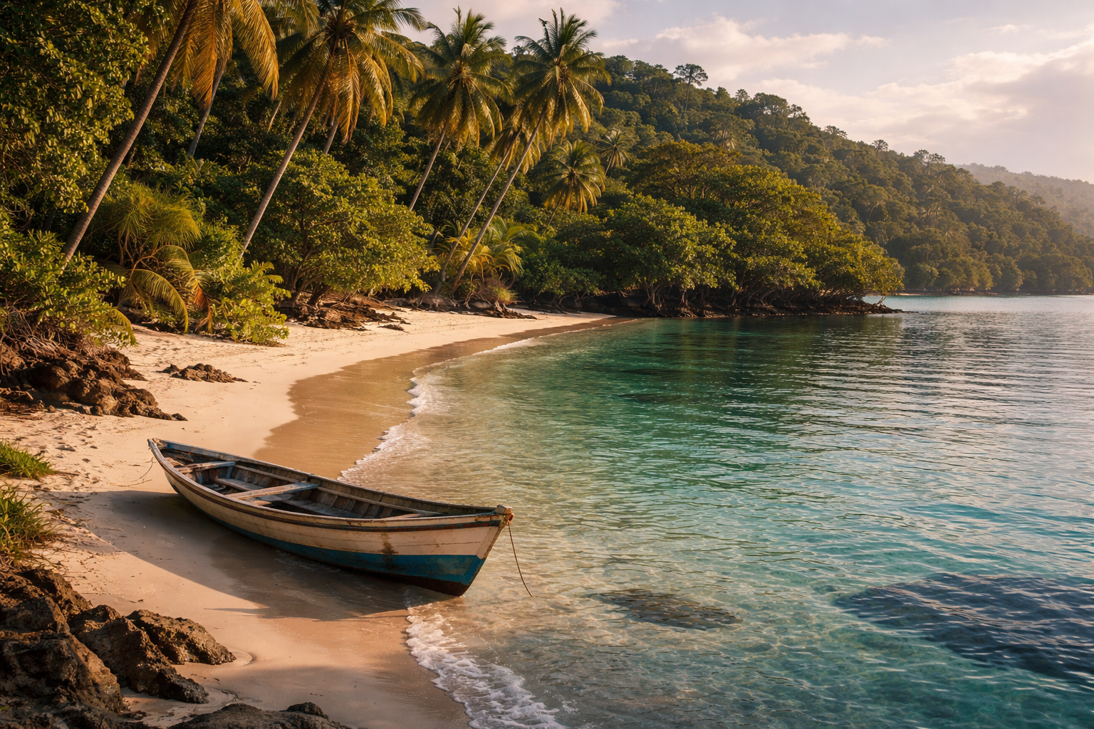 חוף ונופי מנגרובים של הפארק הלאומי חאנט קוואס בהונדורס על החוף הקריבי