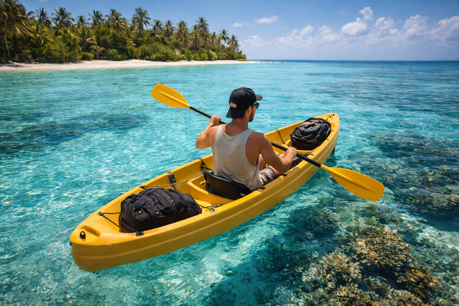 Kayaking in a clear lagoon and a traveler using eSIM