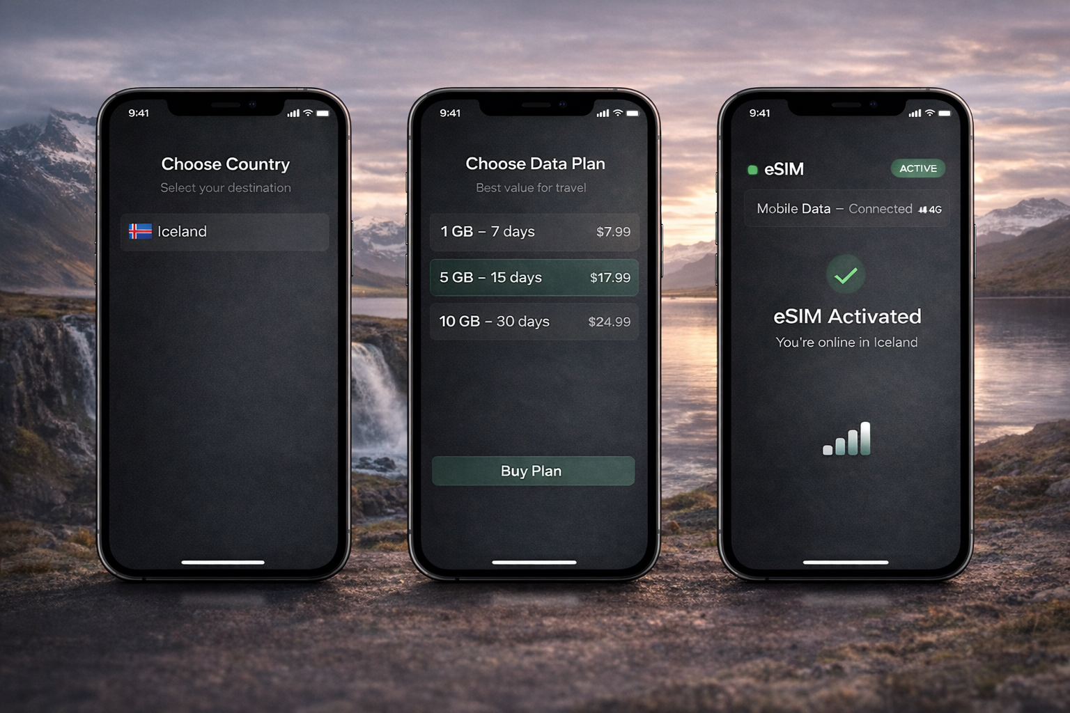 Trīs viedtālruņi ar soli pa solim eSIM pieslēgšanu Islandei: valsts izvēle, tarifa izvēle un veiksmīgas aktivizācijas ekrāns