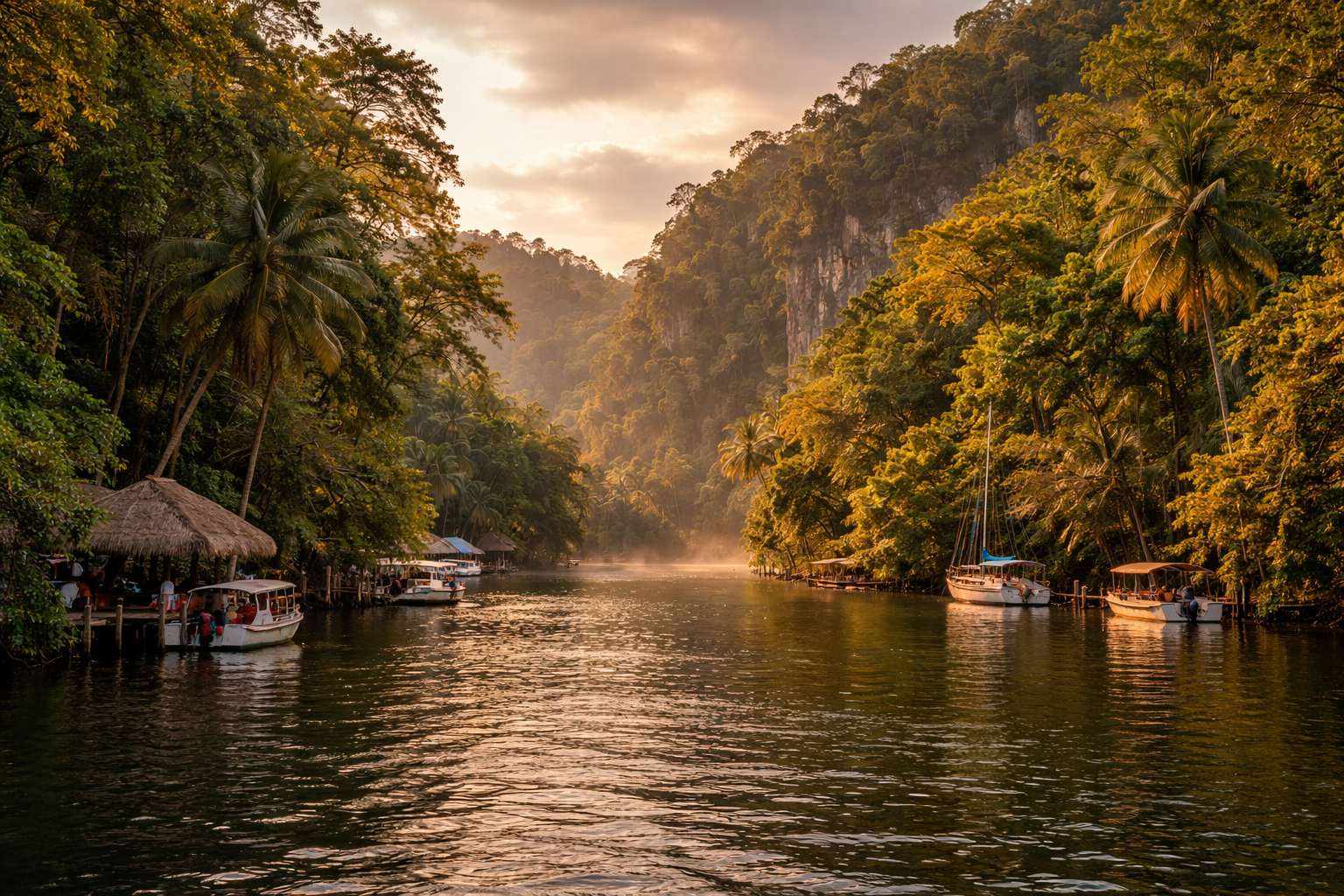 ריו דולסה בגואטמלה עם נהר טרופי, צמחייה צפופה, סירות ואווירה של טבע קריבי