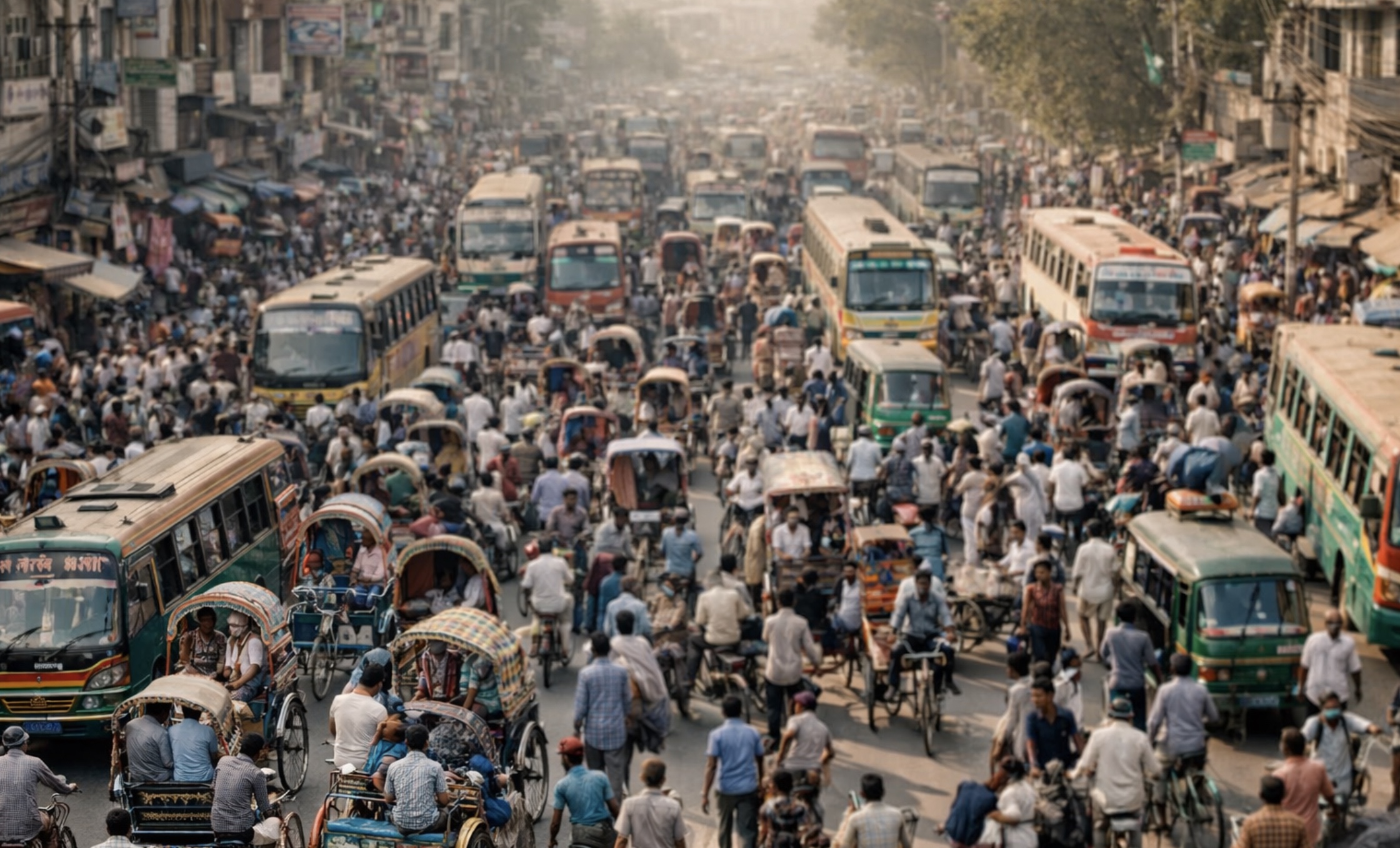 תנועה צפופה ורחובות סואנים של דאקה ממבט על, מלאים בריקשות, אוטובוסים והולכי רגל