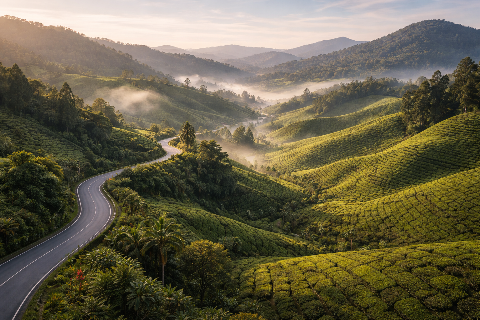 Камерон Хайлендс в Малайзии с зелёными чайными плантациями, холмами, туманом и прохладной горной атмосферой