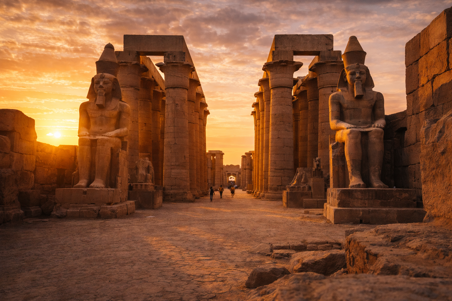 Luxor Temple in Egypt under evening lights and tourists in the square — traveling with eSIM internet