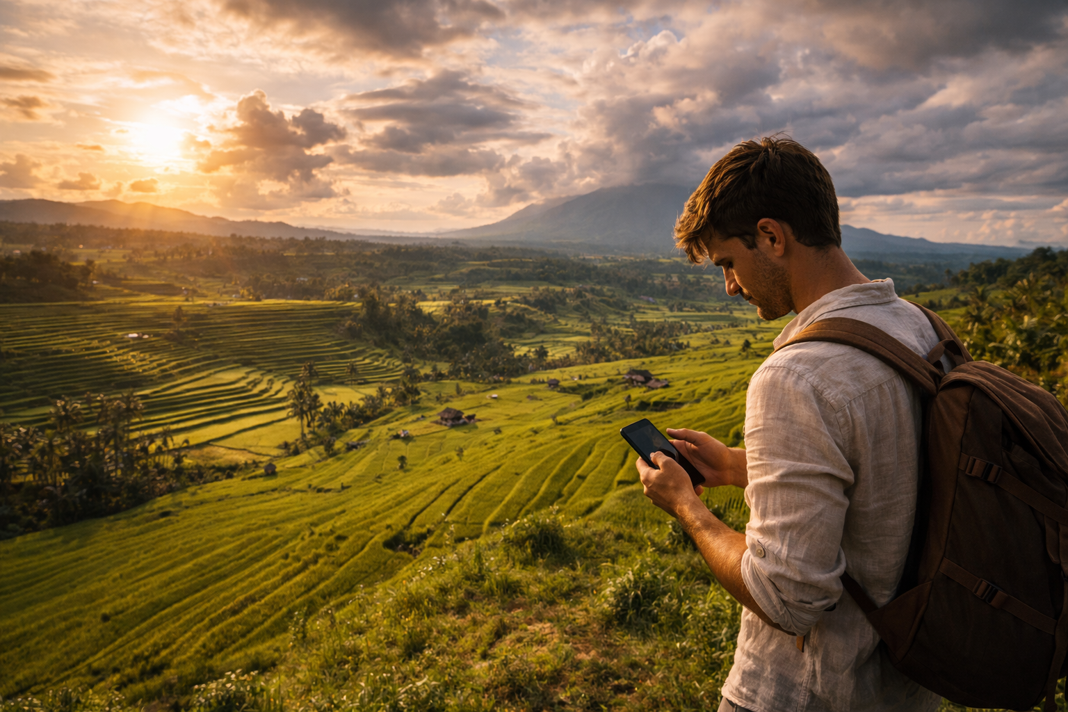 Jatiluwih terraces and a traveler with a phone against the panoramic view