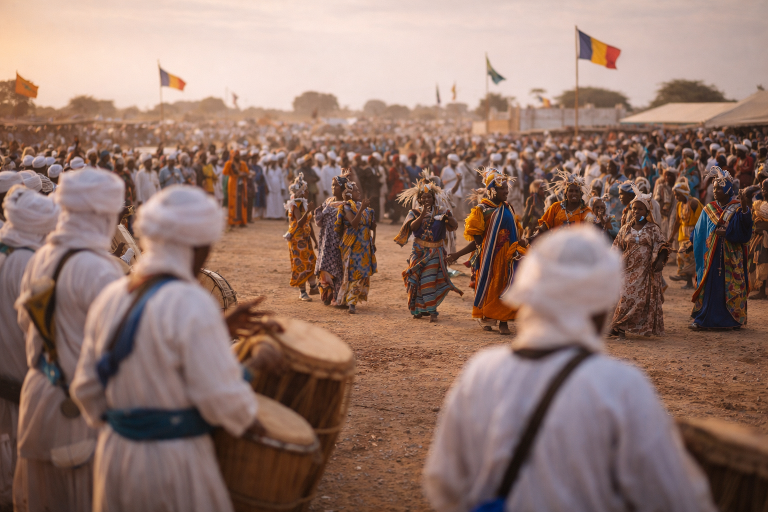 פסטיבל תרבותי בצ'אד עם ריקודים מסורתיים ואנשים ברקע