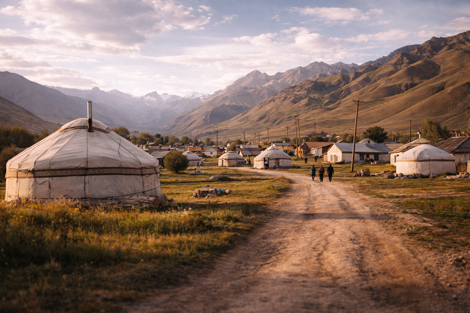 קוצ'קור עם יורטות ותושבים מקומיים ברקע