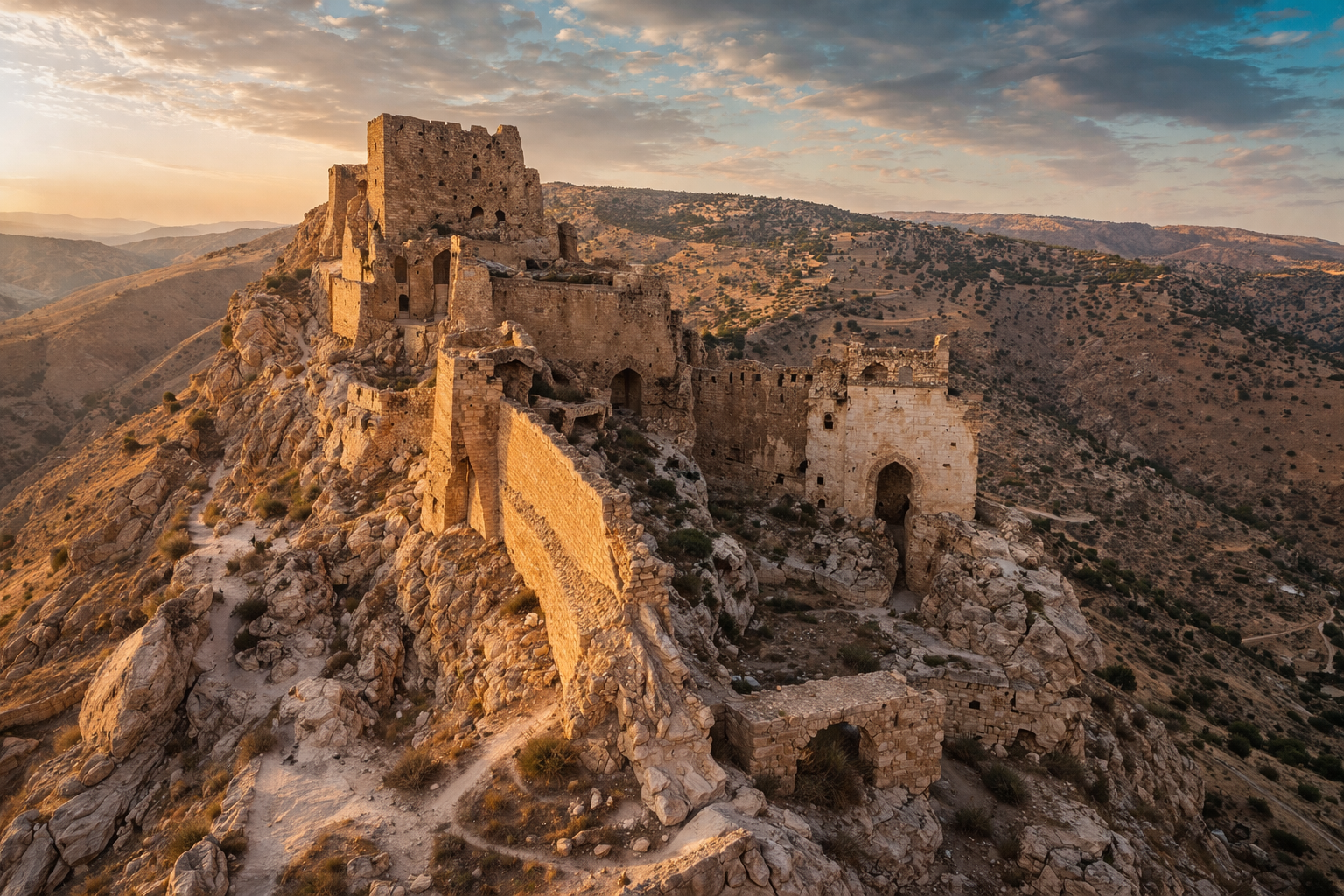טירת שובכ בירדן על רכס הרים עם חורבות אבן, חומות קשוחות ונופים רחבים של נופי הרים יבשים