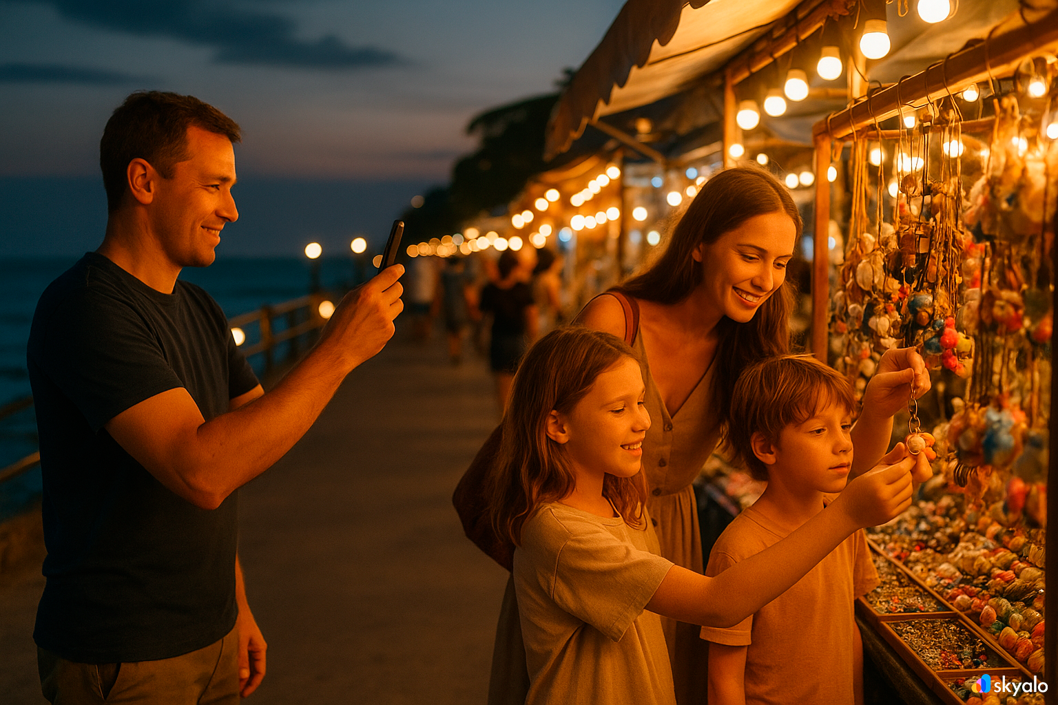 Family evening at Cicada Market — sharing finds online via eSIM