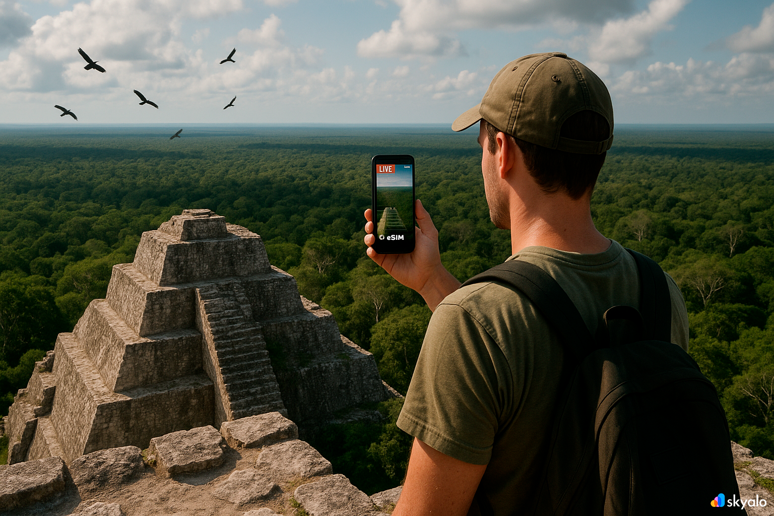 Traveler atop Calakmul; live stream via Skyalo eSIM, jungle carpet and far-off temples on the horizon