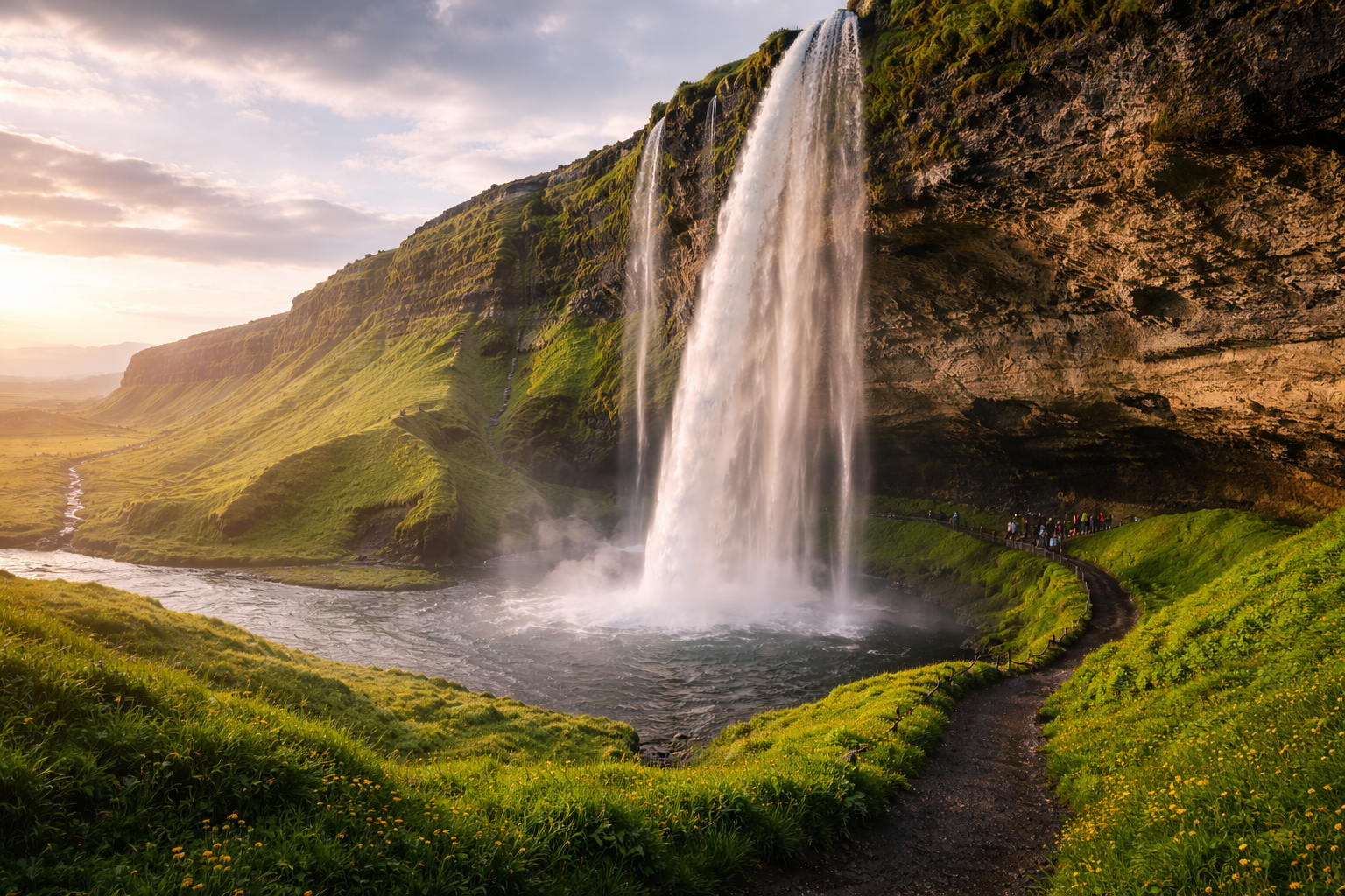 Seljalandsfoss ūdenskritums Islandē ar augstu ūdens sienu, zaļām nogāzēm un taku aiz ūdens plūsmas