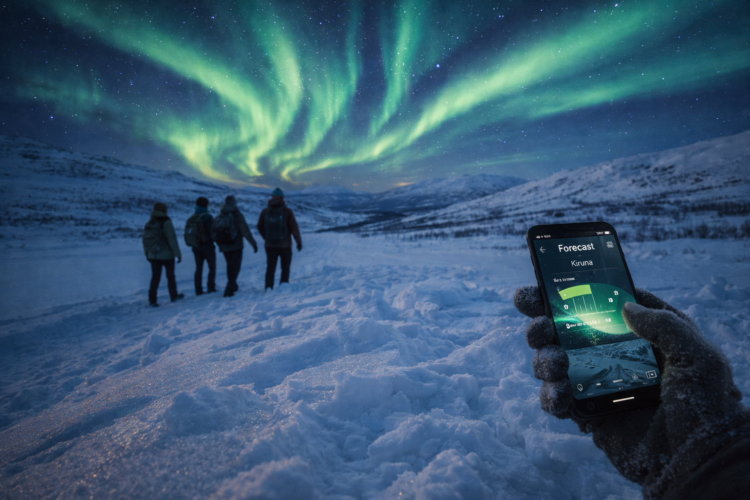 Northern Lights in Kiruna, and a tourist checks the forecast on a smartphone