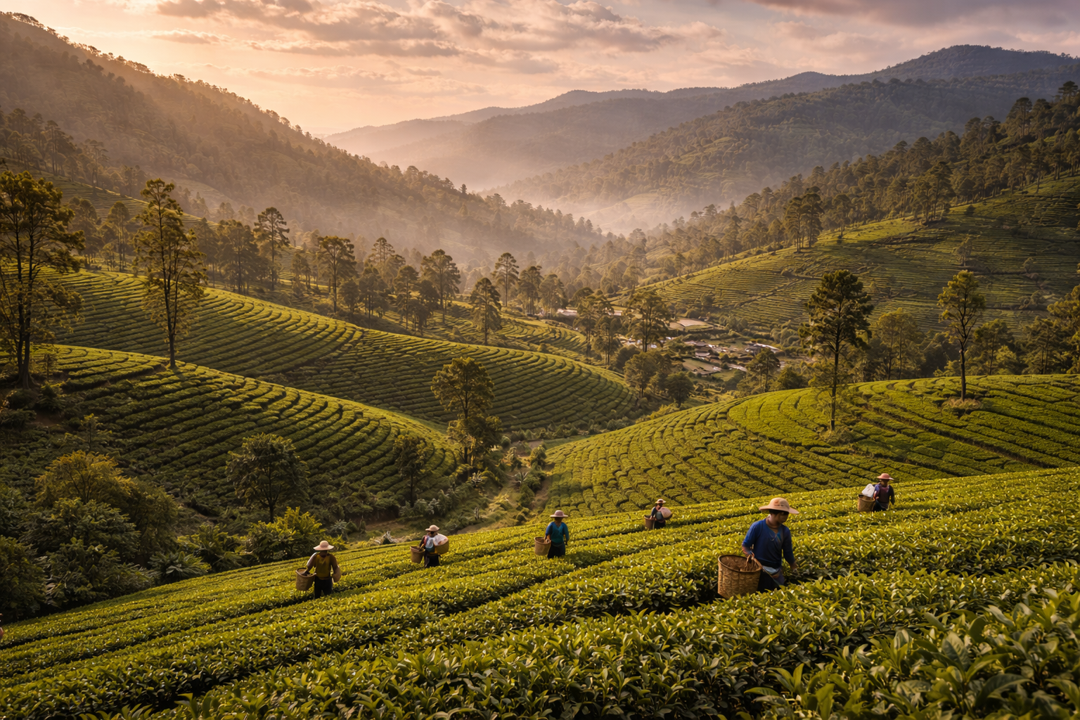 Tea plantations on the mountain slopes of central Sri Lanka.