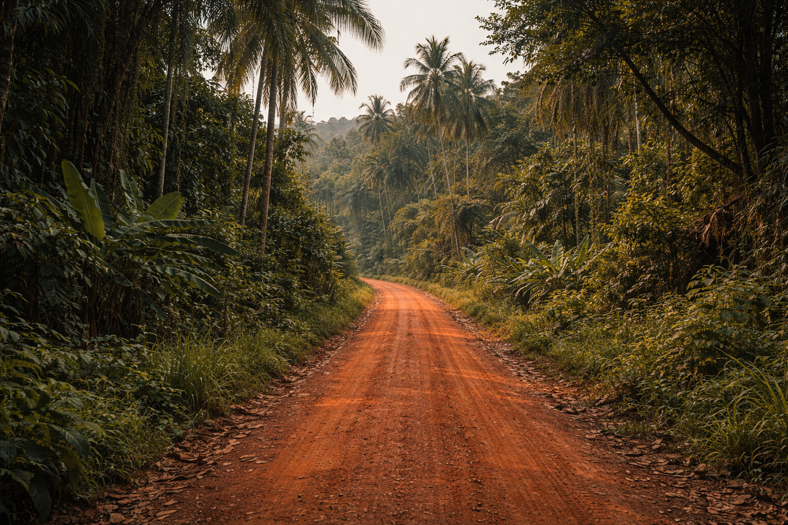 Žvyruotas kelias Liberijoje tarp džiunglių
