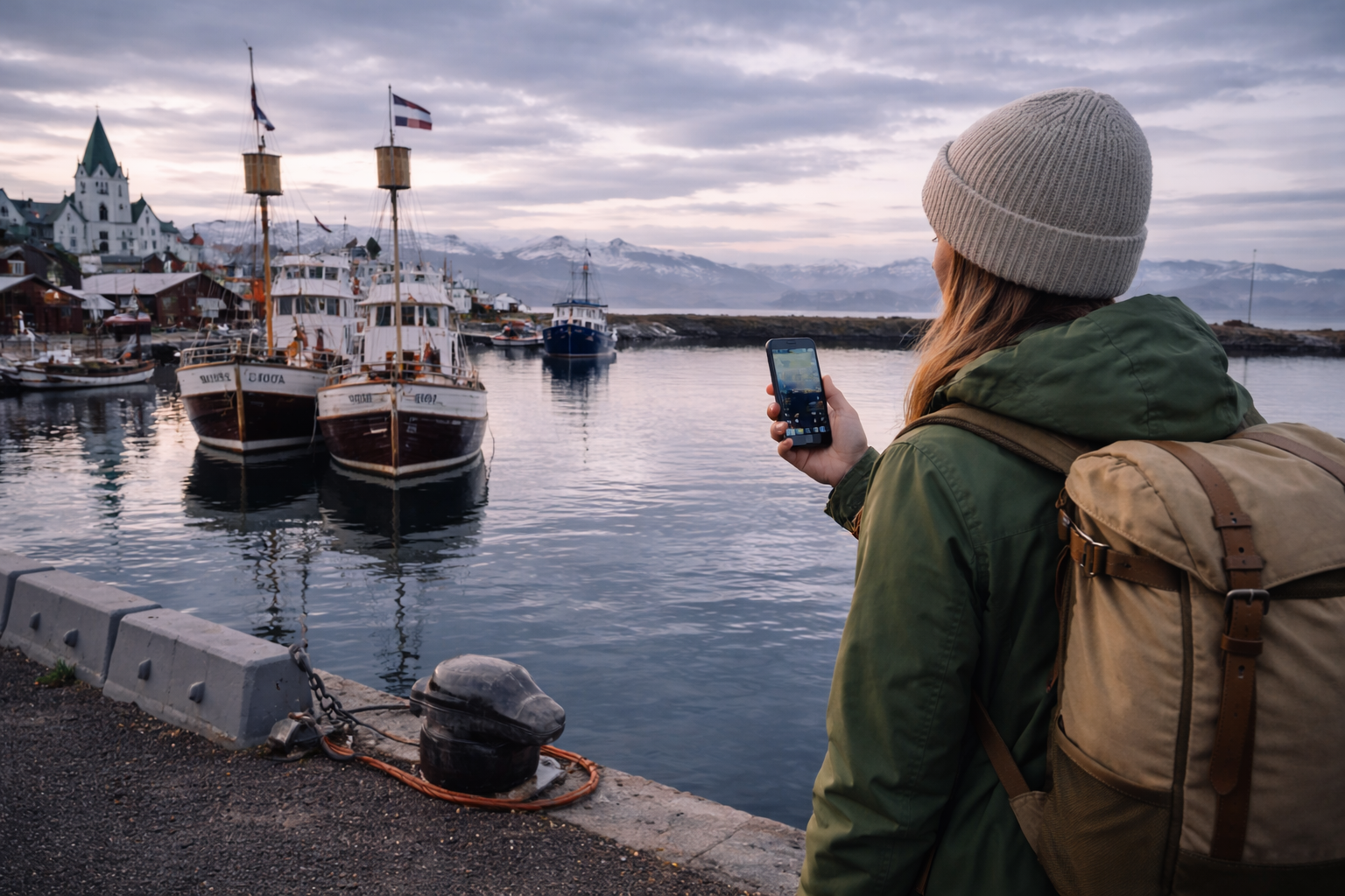 Hūsavīka Islandē ar mājīgu ostu, vaļu vērošanas laivām, kalniem fonā un ceļotāju ar viedtālruni un eSIM pie ostas