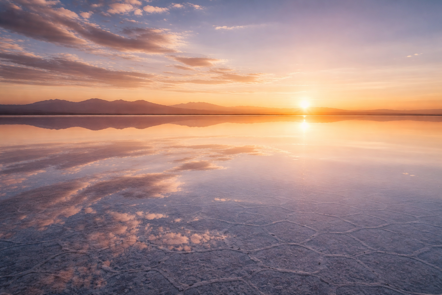 מישור המלח אויוני בבוליביה עם משטח לבן אינסופי, השתקפויות מראה, שמיים פתוחים והרים מרוחקים.