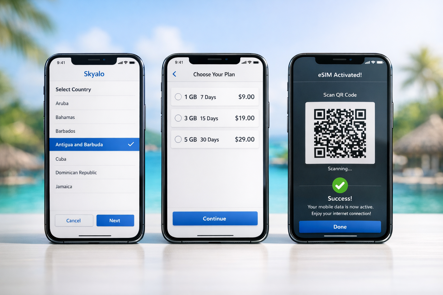 Three smartphones with step-by-step Skyalo eSIM setup for Antigua and Barbuda — choosing the country, plan, and activation