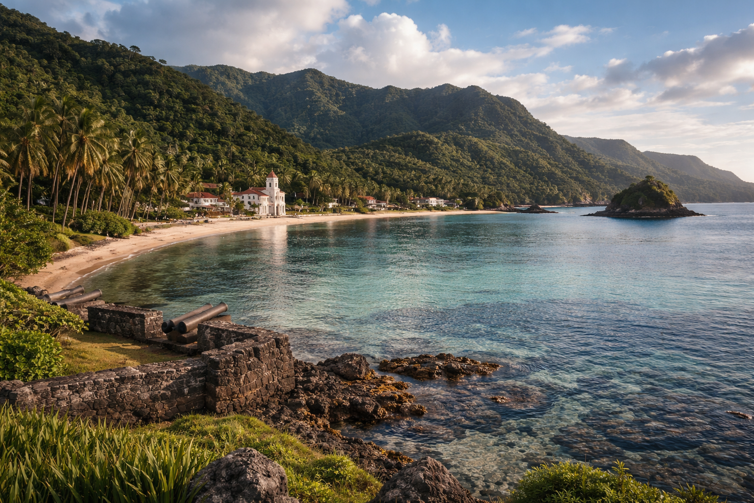 Umatac Bay with the ocean and a peaceful coastline