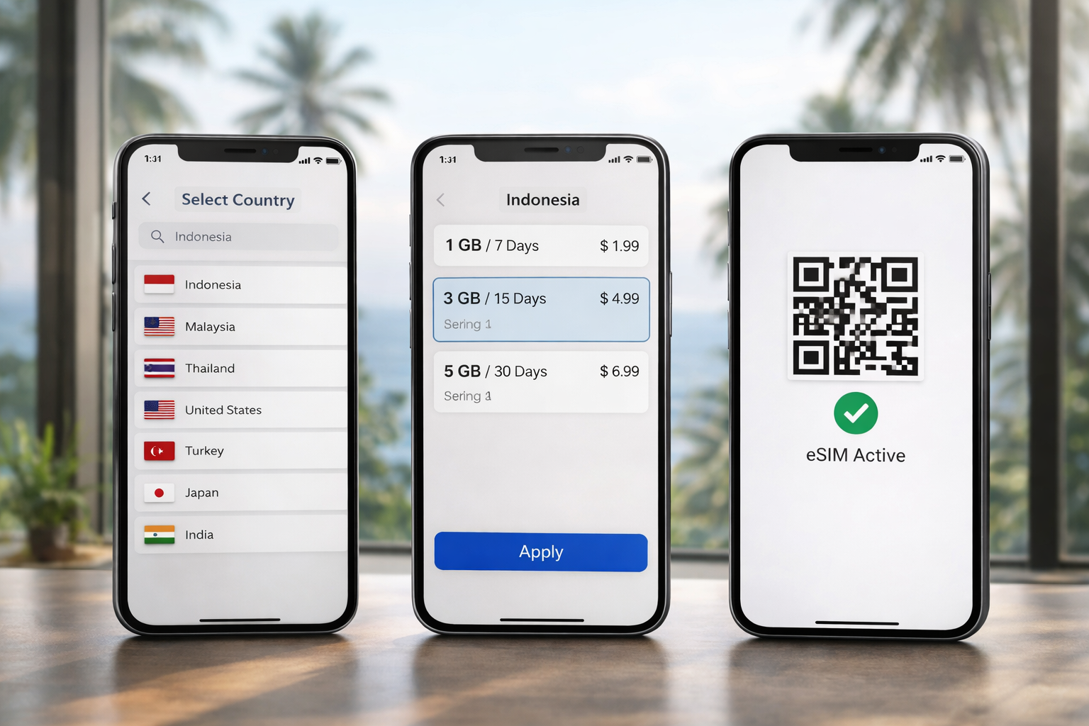Three smartphones showing the steps to set up an Indonesia eSIM against a tropical Bali landscape