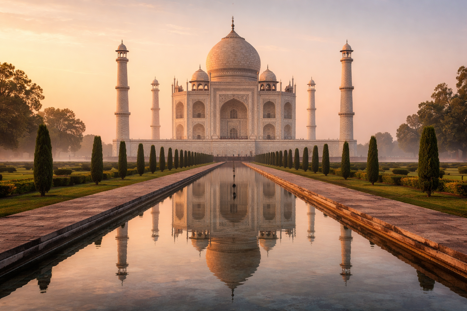 آگرہ میں تاج محل طلوعِ آفتاب پر، سفید سنگِ مرمر نرم صبح کی روشنی میں دمک رہا ہے، پانی میں عکس اور خوبصورت باغات کے ساتھ۔