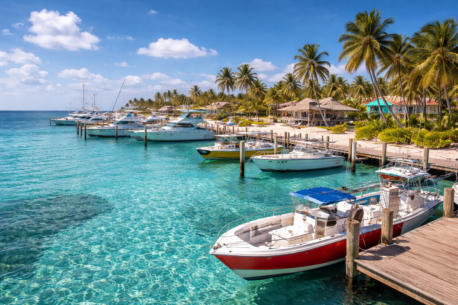Marina con barche sull’isola di Bimini alle Bahamas.