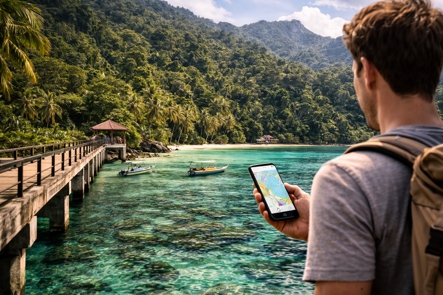 Остров Тиоман с джунглями, прозрачной водой и путешественником со смартфоном, использующим eSIM