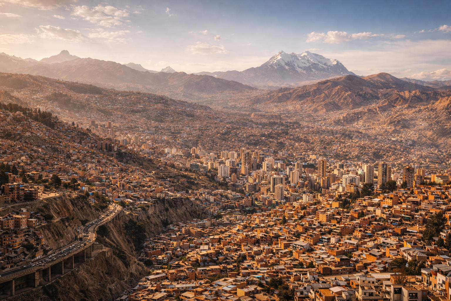 נוף פנורמי של לה פאס בבוליביה עם בנייה עירונית רב-שכבתית על המדרונות, אור חם והרים באופק.