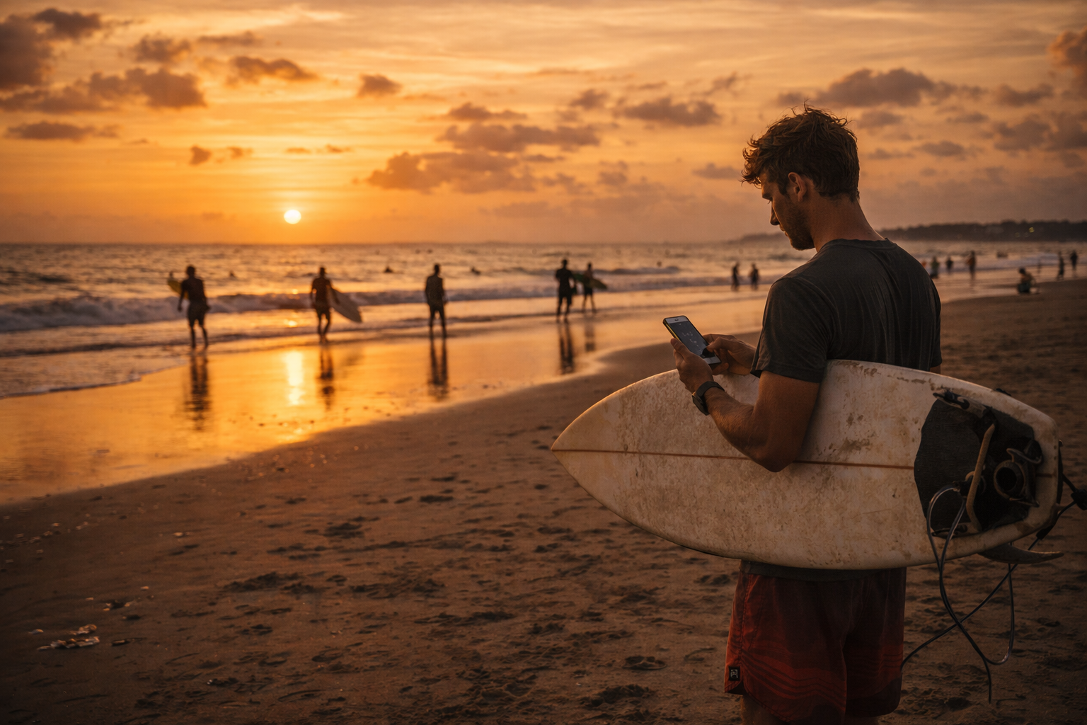 Kuta Beach at sunset and a surfer with a smartphone