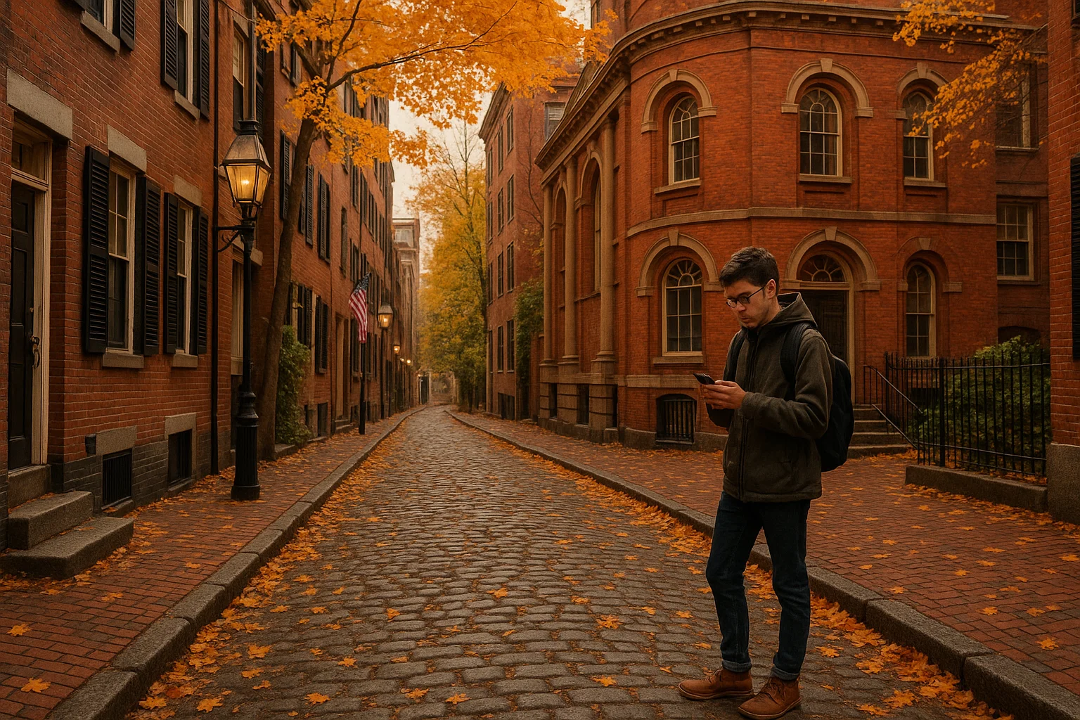 Boston college street with student online