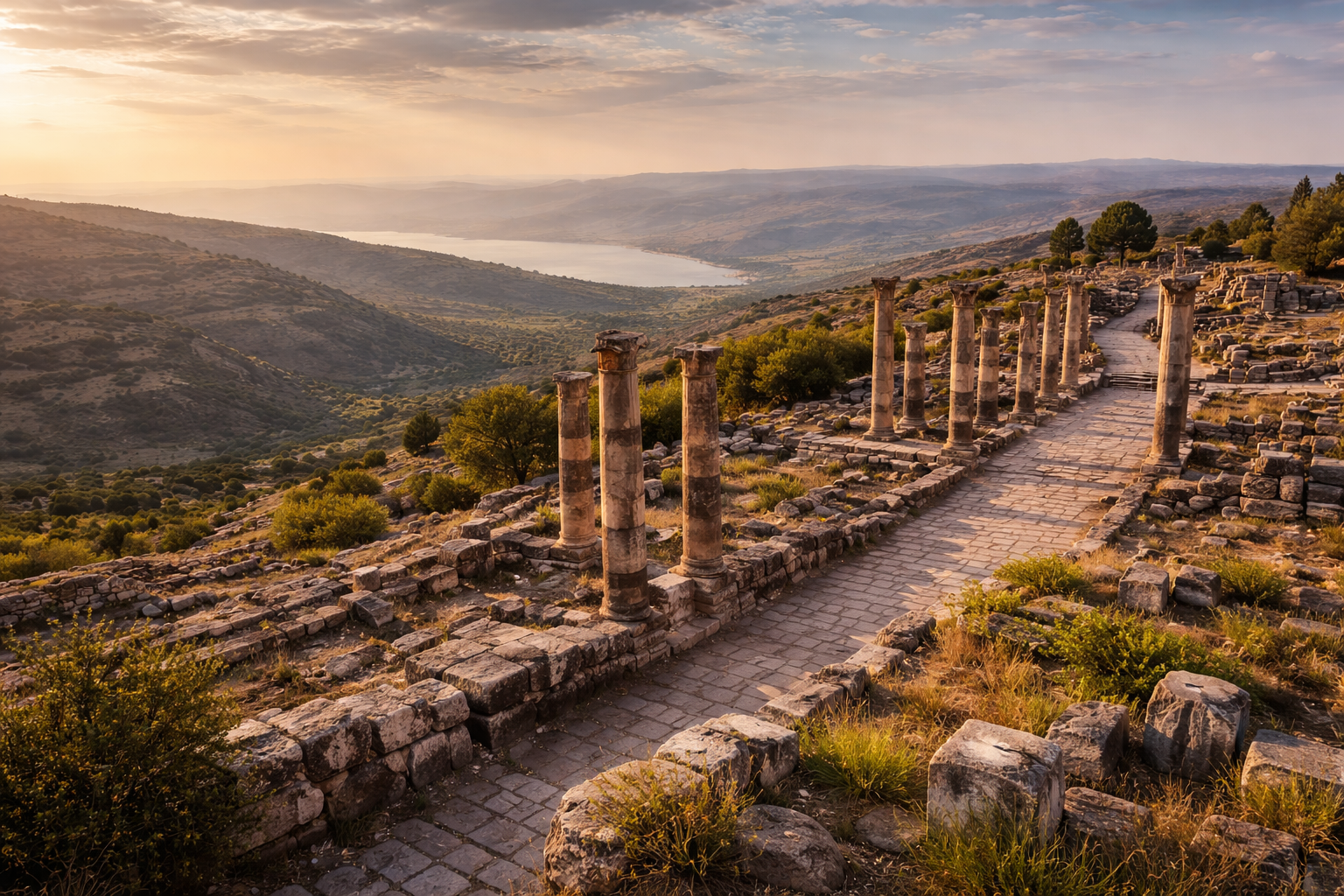 אום קייס בירדן עם חורבות עתיקות על גבעה, עמודי אבן, מדרונות ירוקים ונופי פנורמה רחבים על עמקים וגבעות מרוחקות